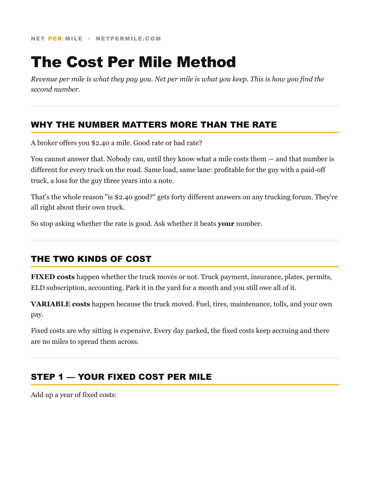 First page of The Cost Per Mile Method guide, explaining fixed versus variable costs