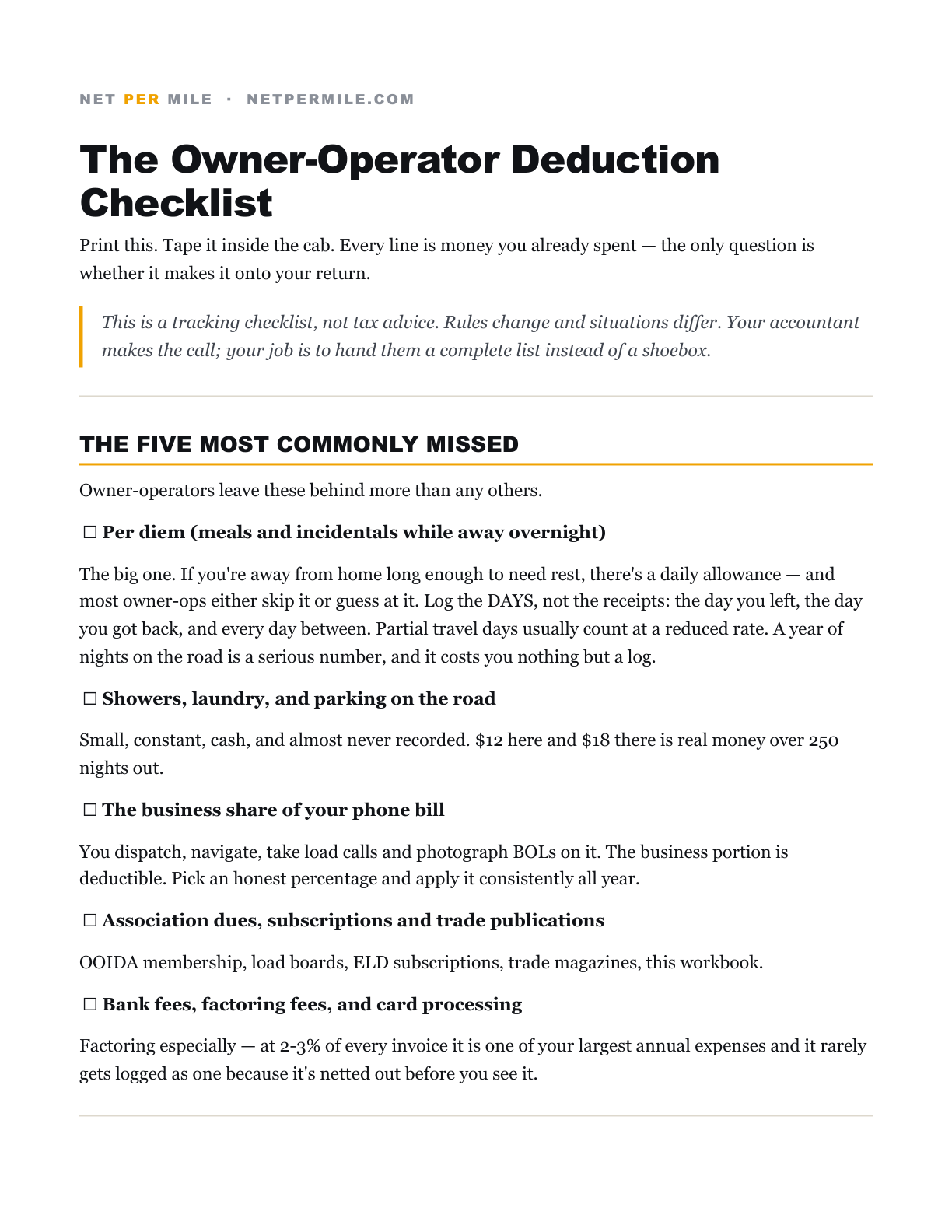 First page of the Owner-Operator Deduction Checklist guide