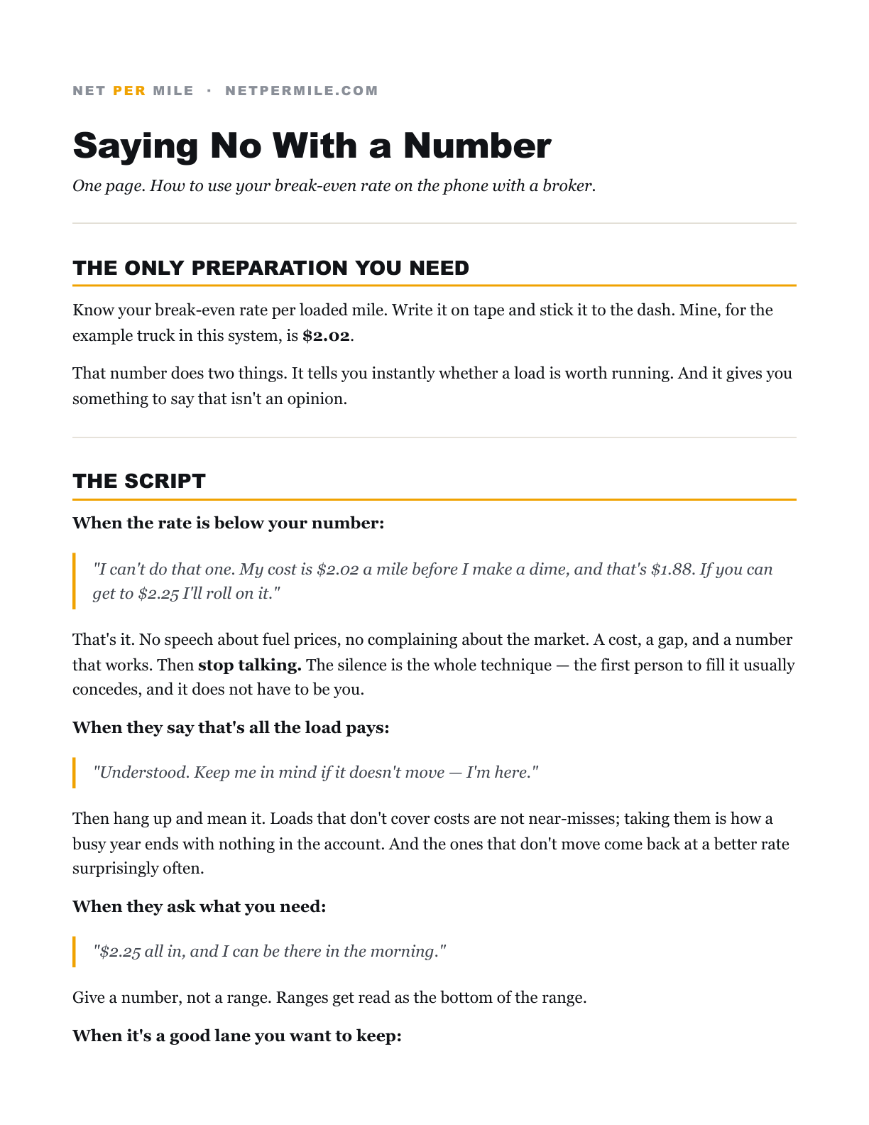 First page of Saying No With a Number, the rate negotiation guide